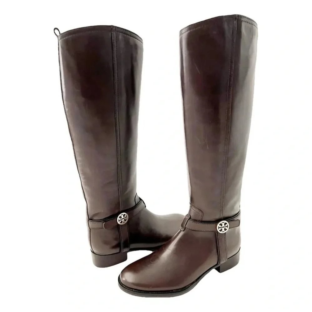 Tory Burch Riding Bristol Boots Women’s Sz 8 Brown Coconut Gold Leather Side Zip